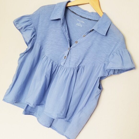 Anthropologie Pilcro Flutter-Sleeve Babydoll Top Wedgewood Blue Cotton $70 India - Picture 14 of 14